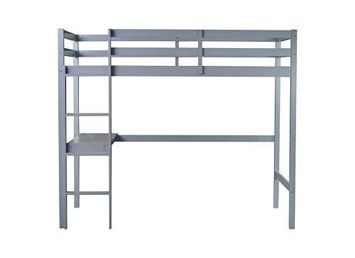 Twin Size High Loft Bed with Built-in Desk,Rubber Wood Loft Beds for Kids with Ladder & Safety Guardrail,Space-Saving Study and Sleep Combination,Wooden Frame for Bedrooms,Easy Assembly,Grey GDFStudio