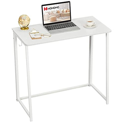 WOHOMO Folding Desk, 31.5" Small Desk for Small Spaces, Easy Assemble Foldable Computer Desk for Laptop, Mini Portable Working Table Narrow Wooden Writing Workstation for Home Office, White - WoodArtSupply