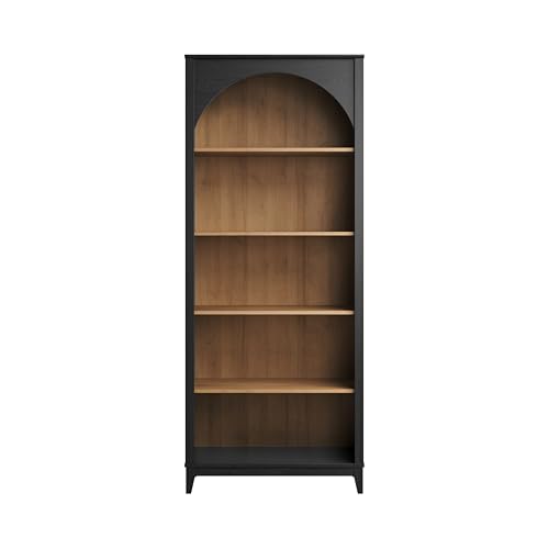 Prepac Ark 78" Tall 5-Tier Arched Bookcase, Black Oak with Oak Finish Interior, Modern Storage Accent Bookshelf with 3 Adjustable Shelves for Home, Office, Living Room, Bedroom Prepac