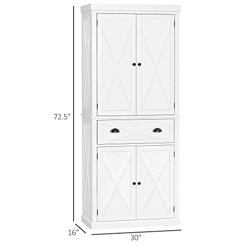 HOMCOM 72" White Traditional Kitchen Pantry Cabinet with Adjustable Shelves and Large Drawer HOMCOM