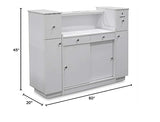 MAYAKOBA Sonoma Reception Desk with Glass Display Adjustable Shelves, Side Cabinets, Office Restaurant Beauty Salon Furniture, Luxe White/Silver Accents MAYAKOBA