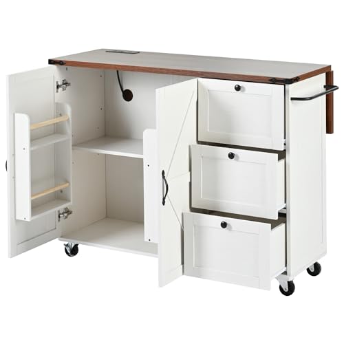 YOPTO Farmhouse Kitchen Island with Power Outlet,Kitchen Storage Island W/Internal Storage Rack,Drop Leaf,Spice Rack,Rolling Kitchen Cart on Wheels for Home,Kitchen and Dining Room,White,54.5"