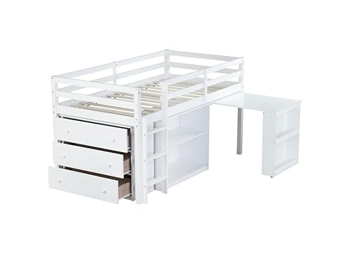 SOFTSEA Twin Size Low Loft Bed with Desk and Storage, Twin Size Loft Bed with Portable Desk, Storage Drawers & Shelves for Kids Teens, Wood Loft Bed with Bookshelf, White SOFTSEA
