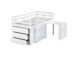 SOFTSEA Twin Size Low Loft Bed with Desk and Storage, Twin Size Loft Bed with Portable Desk, Storage Drawers & Shelves for Kids Teens, Wood Loft Bed with Bookshelf, White SOFTSEA