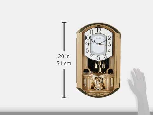 Bulova C4900 Golden Music Wall Clock | Gold-Tone Case with Rotating Crystal Pendulum | 12 Melodies | Adjustable Volume | Night Shutoff Bulova