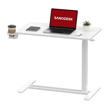SANODESK Mobile Standing Desk with Hidden Wheels,Pneumatic Laptop Desk Rolling Computer Cart Movable Height Adjustable Small Sit Stand Desk for Home Office(27.6" W x 15.7" D, White) SANODESK
