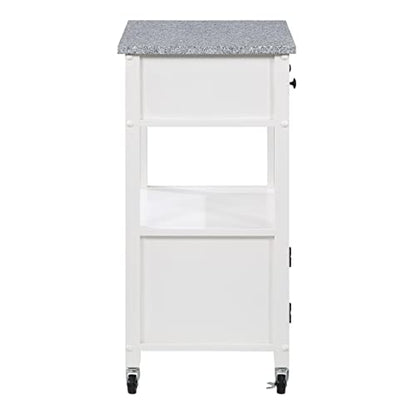 OSP Home Furnishings Fairfax Kitchen Cart with Granite Work Top and Extra Storage Drawer and Cabinet, White