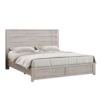 LUXOAK Distressed White Farmhouse Queen Bed Frame with 49" Tall Headboard and Hidden Metal Support - WoodArtSupply