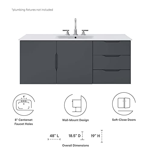 Modway Vitality 48" Single Sink Wall-Mount Bathroom Vanity in Gray White, 47.5 x 47 x 50 Modway