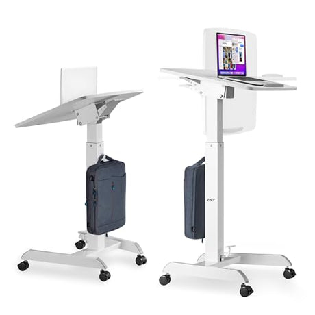 AVLT 47" Height Adjustable Mobile Workstation with Tilting Desk (3 ft 11 inches) - Foot Pedal Pneumatic Standing Desk Cart - Mobile Laptop Cart - Mobile White Cart with Brake Casters AVLT