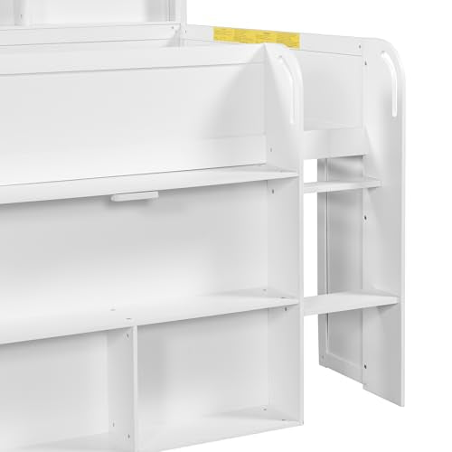 Merax Low Loft Bed with Pull-Out Desk, Full Size Loft Bed with 8 Storage Shelves and Lights, Wooden Kids Loft Bed with Safety Guardrail, Under-Bed Play Space, No Box Spring Needed, Noise-Free, White Merax