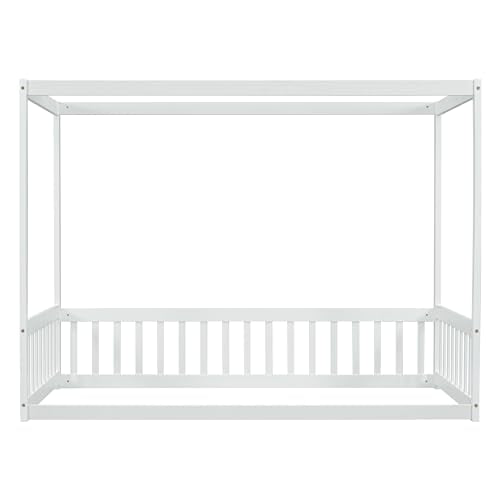 CITYLIGHT Twin Size Wood Canopy Bed with Fence Guardrails,4-Poster Canopy Floor Bed Frame,Low Profile Platform Beds for Kids Girls Boys,White