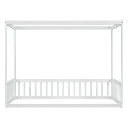 CITYLIGHT Twin Size Wood Canopy Bed with Fence Guardrails,4-Poster Canopy Floor Bed Frame,Low Profile Platform Beds for Kids Girls Boys,White