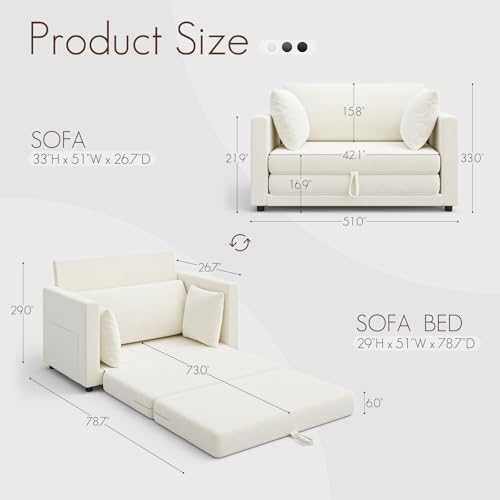 TROMIRY Convertible Loveseat Sofa Bed | Pull Out 78.7” Floor Couch Bed | Folding Sleeper Sofa Bed for Living Room, Apartment & Guest Room | Ivory White TROMIRY