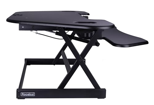 Rocelco 46" Height Adjustable Corner Standing Desk Converter - Quick Sit Stand Up Dual Monitor Riser - Gas Spring Assist Tabletop Computer Workstation - Large Keyboard Tray - Black (R CADRB-46) Rocelco