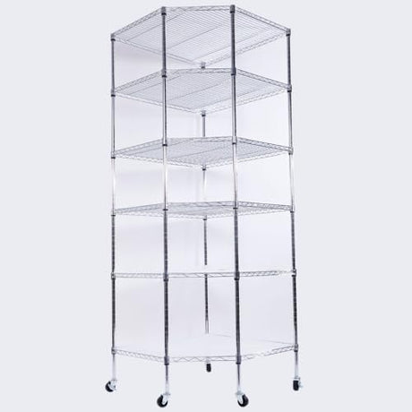WOW PIONEER 6-Layer Corner Storage Shelves on Wheels, Metal Wire Shelving Unit for Home, Kitchen, Shop, Pantry, Restaurant Durable Steel Rack with Plastic Coating for Your Accessories, Tools Silver WOW PIONEER
