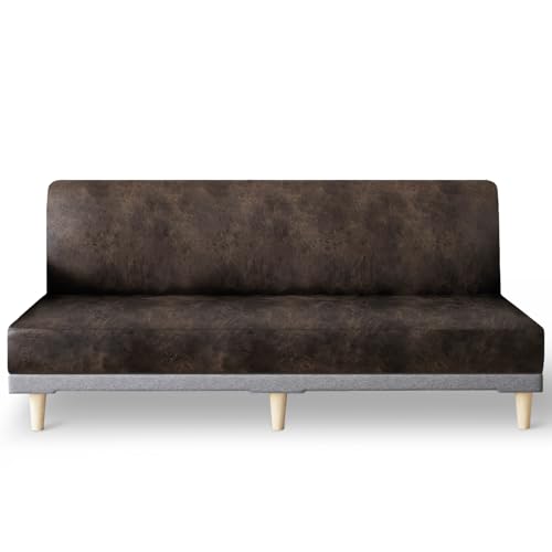 molasofa Leather Like Stretch Futon Slipcover Armless Futon Bed Sofa Cover Furniture Protector with Elastic Bottom, Soft and Washable Futon Cover for Sofa Bed Stay in Place（Larger，Dark Brown） molasofa
