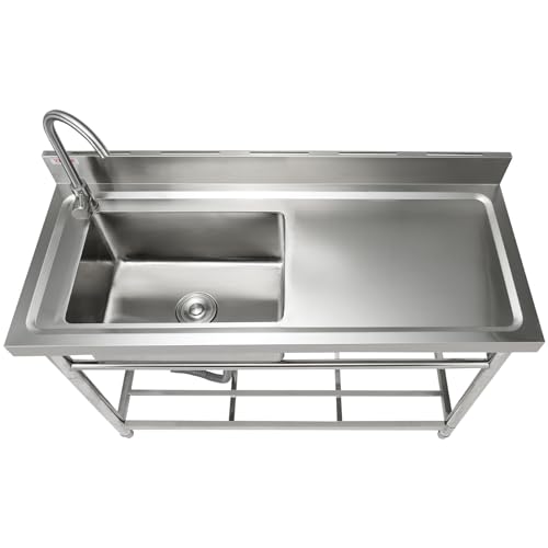 VEVOR Stainless Steel Utility Sink, Free Standing Single Bowl Commercial Kitchen Sink Set w/Workbench, 47 x 19.7 x 37.4 in Commercial Single Bowl Sinks for Garage, Restaurant, Laundry, NSF Certified