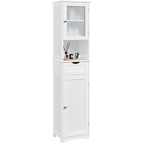 Yaheetech 67" Tall White Bathroom Storage Cabinet with Glass Door and Adjustable Shelves - WoodArtSupply