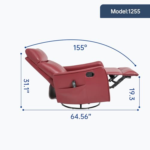 High Back Massage Recliner with Heat - Swivel Rocking Chair for Small Spaces, Manual Lazy Boy Recliner for Adults, Perfect for Living Room & Bedroom, Soft Fabric (Red)