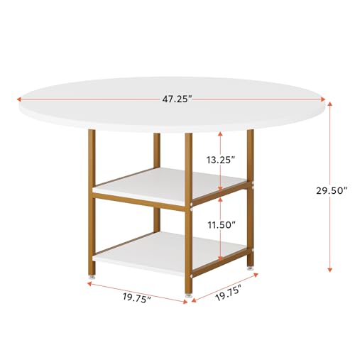 Tribesigns 47 Inches Dining Table Kitchen Tables for Dining Room, 4 People Round Dinner Table with Storage Shelves for Dinner Room Kitchen Living Room, White Gold(Only Table) Tribesigns