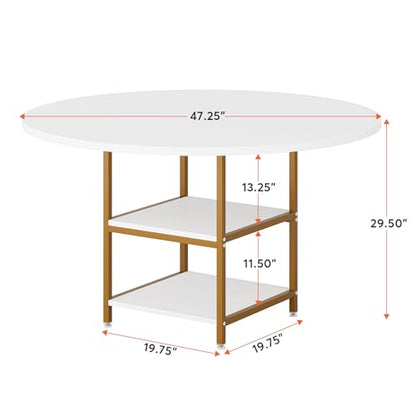 Tribesigns 47 Inches Dining Table Kitchen Tables for Dining Room, 4 People Round Dinner Table with Storage Shelves for Dinner Room Kitchen Living Room, White Gold(Only Table) - WoodArtSupply