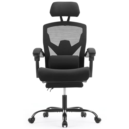 Sweetcrispy Office Computer Desk Chair, Ergonomic High-Back Mesh Rolling Work Swivel Chairs with Wheels, Comfortable Lumbar Support, Comfy Arms for Home, Bedroom, Study, Student, Black Sweetcrispy