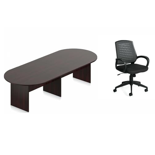 Saranya 18 Shop New Modern Mahogany Finish 10FT Conference Table Executive Racetrack Shaped Real Wood Panel Legs Boardroom Meeting Room Office 8 Mesh Back Chairs Furniture 120"L x 48"W x 29.5 - WoodArtSupply