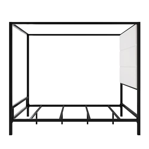 BEDGJH Queen Modern Canopy Bed Frame - Metal 4-Poster with Tall Linen Upholstered Headboard, Box Spring Required (Black,White, Queen)