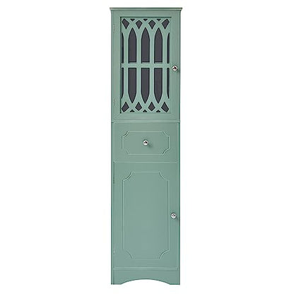 Merax Tall Storgae Cabinet Linen Tower with Adjustable Shelf, Drawer and Door, Freestanding Cupboard for Home, Kitchen or Living Room, Green - WoodArtSupply