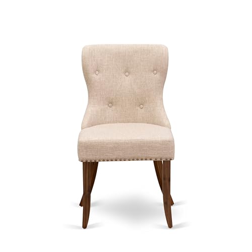 Luxe by East West Furniture NKSI9-AWA-04 9-Piece Dining Table Set Consists of a Dining Table and 8 Light Tan Linen Fabric Kitchen Chairs with Button Tufted Back - Antique Walnut Finish Luxe by East West Furniture