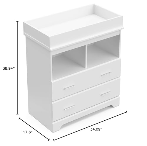 Storkcraft Brookside 2 Drawer Changing Table Dresser (White) – GREENGUARD Gold Certified, Easy-to-Match Chest of Drawers and Cubbies for Nursery and Kids Bedroom, Includes Changing Table Topper Storkcraft