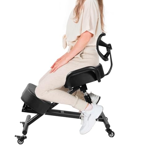Ergonomic Kneeling Chair, Lumbar Support Kneeling Chair with Adjustable Height and Footrest for Desk Work for Home and Work, Improve Your Postures, 4" Thick Comfortable Cushions, Locking Wheels Generic