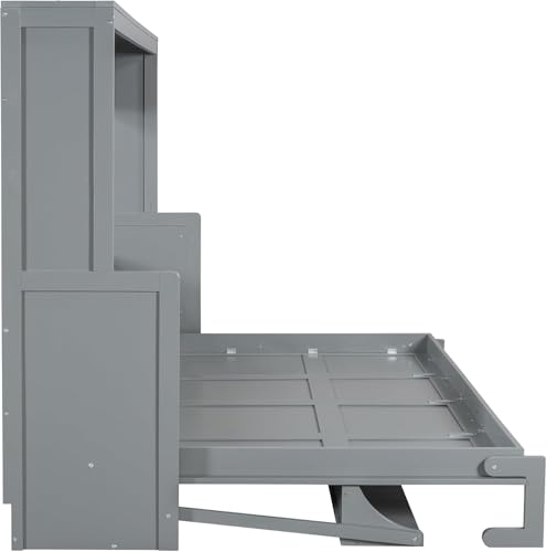 Queen Horizontal Murphy Bed with Desk,Solid Wood Folding Hideaway Murphy Wall Bed for Adult,Guest Room (Grey,Queen) MERITLINE