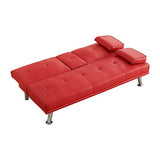 KEIKI 67" Leather Folding Futon Sofa w/Cup Holder & Adjustable Backrest, Mid Century Modern Couch Loveseat Convertible to Sleeper Bed, Comfy Cloud Couch SofaBed for Living Room & Bedroom, Red KEIKI