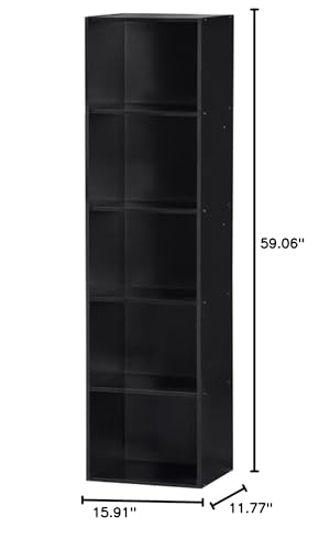 Hodedah 5-Shelf Black Bookcase for Organised Storage and Display - WoodArtSupply