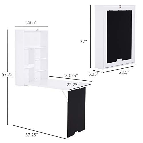 HOMCOM Wall Mounted Foldable Desk with a Blackboard, Fold Out Convertible Floating Desk with Shelves, White HOMCOM