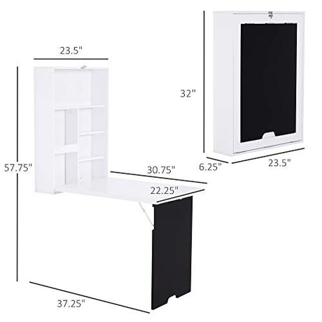 HOMCOM Wall Mounted Foldable Desk with a Blackboard, Fold Out Convertible Floating Desk with Shelves, White HOMCOM
