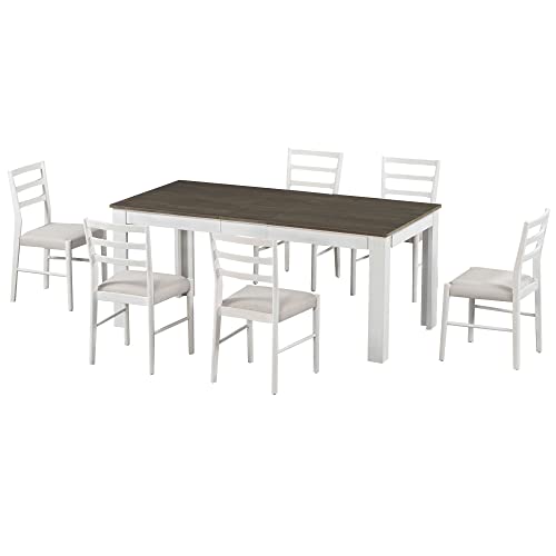 LUMISOL Solid Wood 7 Piece Kitchen Table Set with Chairs Farmhouse Extendable Dining Room Table Set with Storage Drawer for 6, Brown+White LUMISOL