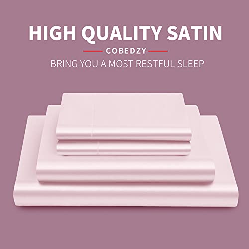 Cobedzy 3 Pcs Blush Pink Satin Sheets Twin Size Soft Silky Satin Bedding Sheets Set with 1 Deep Pocket Fitted Sheet, 1 Flat Sheet, 1 Pillowcase Cobedzy