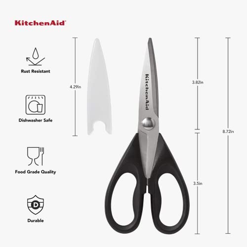 KitchenAid All Purpose Kitchen Shears with Protective Sheath Durable Stainless Steel Scissors, Dishwasher Safe, Soft Grip Comfort Handle, 8.72 Inch, Black