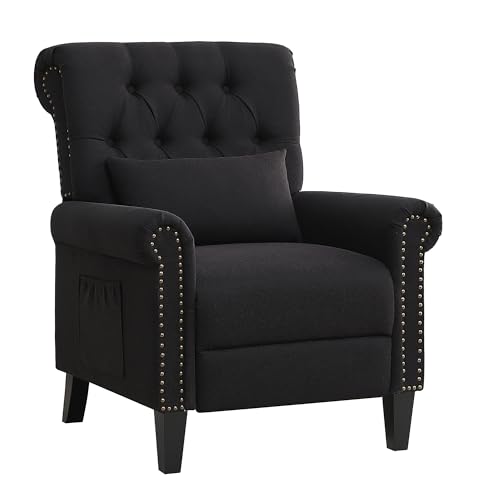 choairy Pushback Recliner Chair, Accent Push Back Chairs with Adjustable Footrest, Upholstered Linen Reclining Sofa with Side Pocket, Comfy Modern Armchair for Living Room, Bedroom, Black