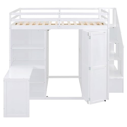 Harper & Bright Designs Full Size Loft Bed with Stairs and Desk, Wood Full Loft Bed with Wardrobe & Storage Shelves, Full Storage Bed for Kids Teens, White Harper & Bright Designs