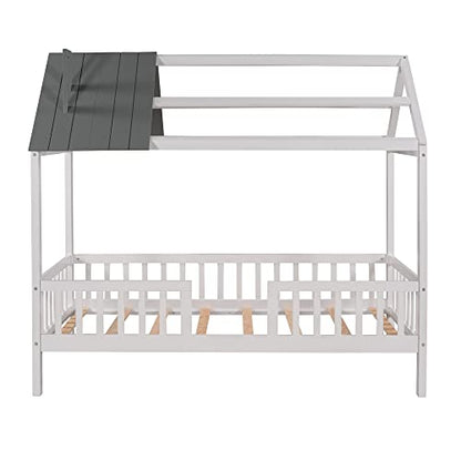 Merax Twin House Bed for Kids - Fun House-Shaped Platform Bed Frame with Roof, Windows, and Safety Rails in White and Grey - WoodArtSupply