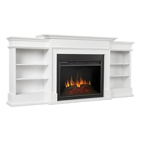 BOWERY HILL 92" W Modern Wood Electric Fireplace TV Stand with Mantel & Remote Control, 6-Feet Power Cord and Hardware, 5 Flame Brightness Levels, for TVs up to 85", in White & Black Finish BOWERY HILL