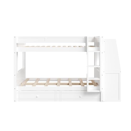 LUMISOL Full Over Full Bunk Bed with Desk and Bookshelves, Solid Wood Bunk Bed with Drawers for Kids Teens Adults, Safety Guardrail, Space-Saving Wooden Bunk Beds with Storage, White LUMISOL