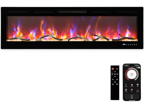 60" Smart WiFi Electric Fireplace, Smart Electric Fireplace,750/1500W Infrared Heater,Recessed/Wall Mount Linear Fireplace with Adjustable Flame & Remote PeacefulHues
