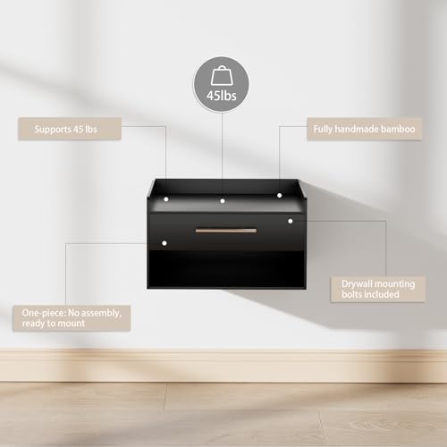 Bamboo Floating Nightstand with Storage Drawer and Modern Open Shelf Cubby，Bedroom, Living Room, Kitchen, Tool Room for use. (Black, Assembly) Dexgva