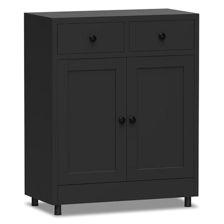 JINKUR Metal Storage Cabinet with 2 Drawers and Adjustable Shelf, Sideboard Buffet Cabinet for Home, Office, Hallway, Entryway, Living Room, Kitchen Pantry and Dining Room (Black) JINKUR