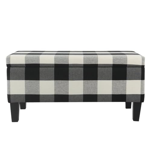 HomePop Large Upholstered Rectangular Storage Ottoman Bench with Hinged Lid, Black Buffalo Plaid HomePop